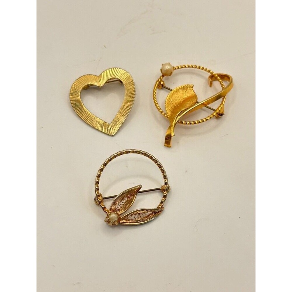 Lot of 3 Vintage Brushed Goldtone Brooch Pins MCM heart pearl